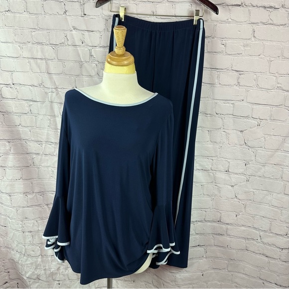 MSK Navy White Trim pants set flowy top and wide leg cropped pants sz XL travel - Picture 1 of 12